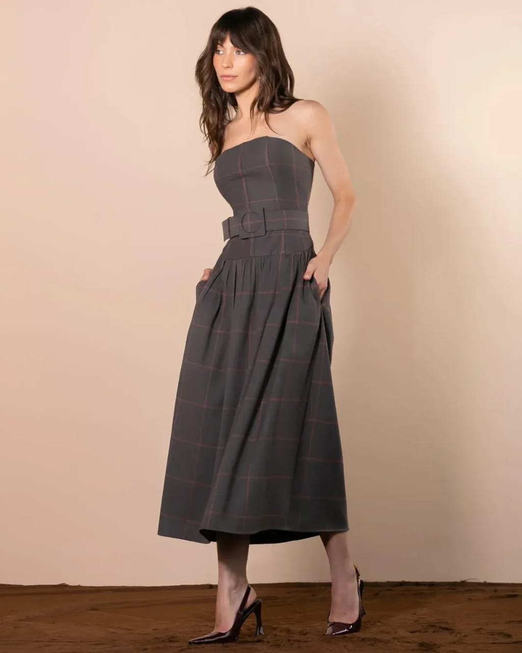 Vestido Anne Fernandes Xadrez Midi Cinto