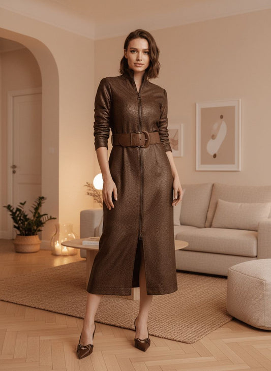 VESTIDO LUZIA FAZZOLLI ALFAIATARIA METALIZADO MARROM