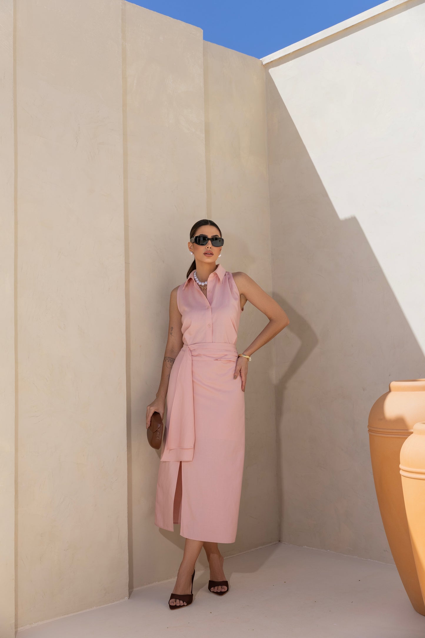 VESTIDO LUZIA FAZZOLLI LINHO COM FENDA ROSA