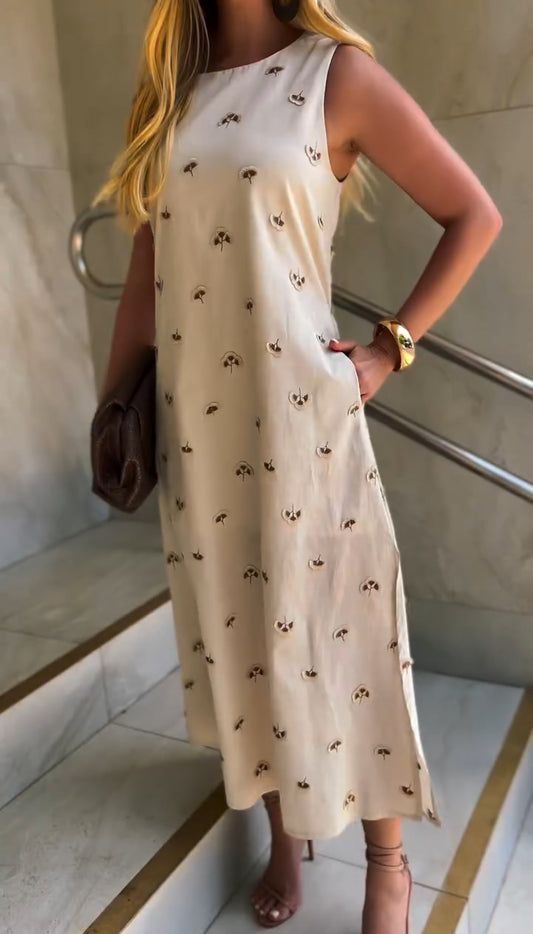 Vestido midi c/ fendas laterais bege