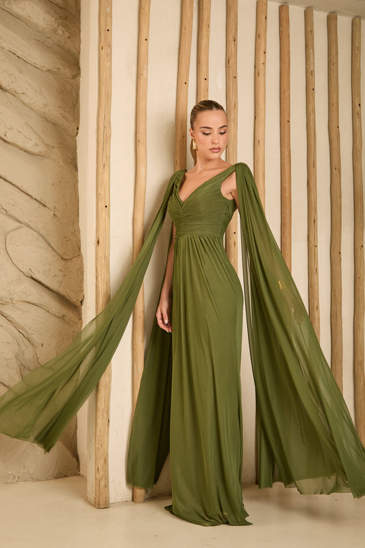 VESTIDO AMICCI DECOTE V FRANZIDO VERDE OLIVA