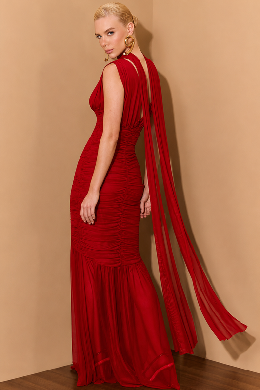 VESTIDO LULEG LONGO FRANZIDO TULE VERMELHO