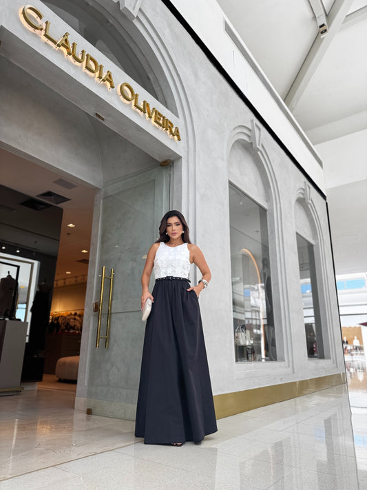 Vestido Lalibela Longo Flores 3D Preto