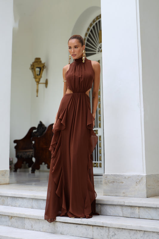 VESTIDO AMICCI GOLA ALTA COSTA DECOTE MARROM