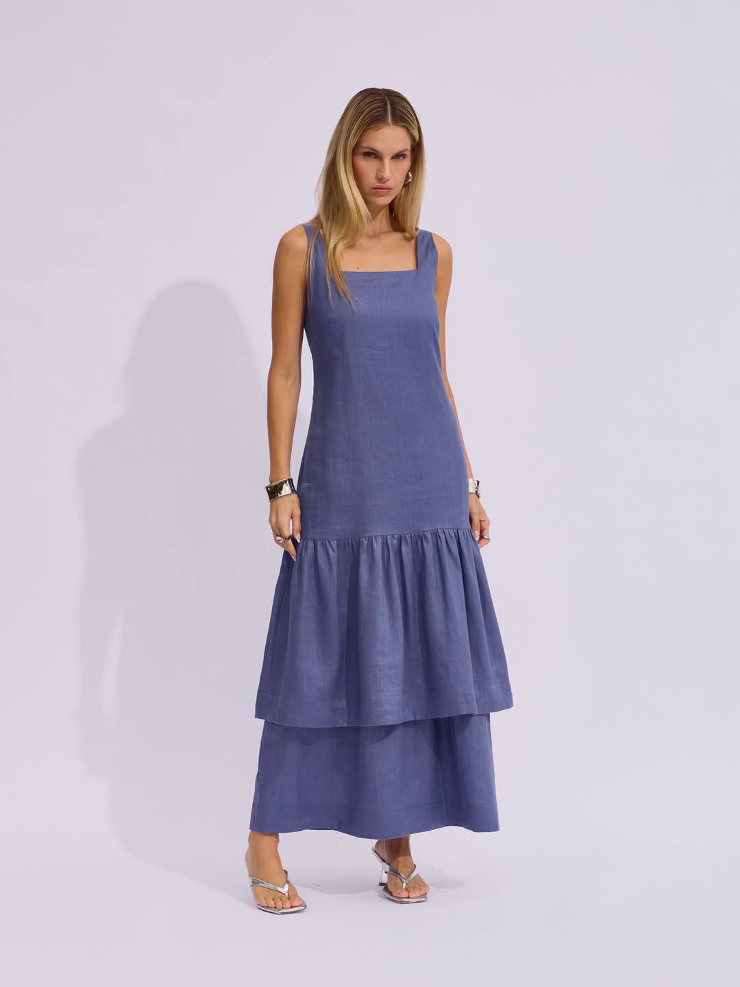 Vestido Raizz Linho Babados Luisa Azul