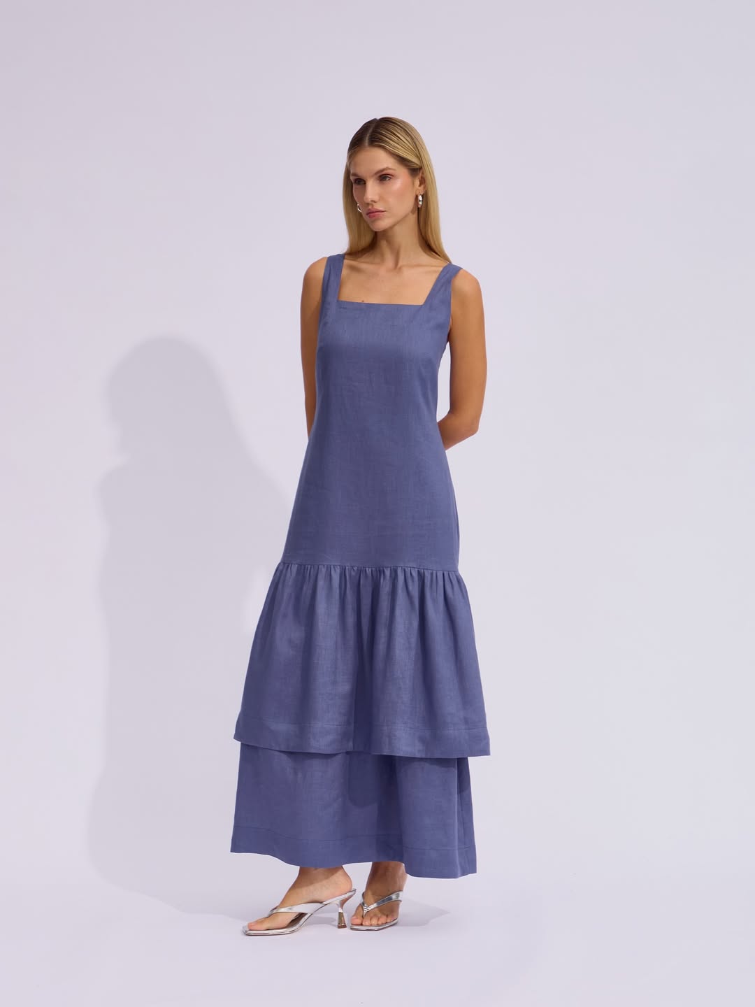 Vestido Raizz Linho Babados Luisa Azul