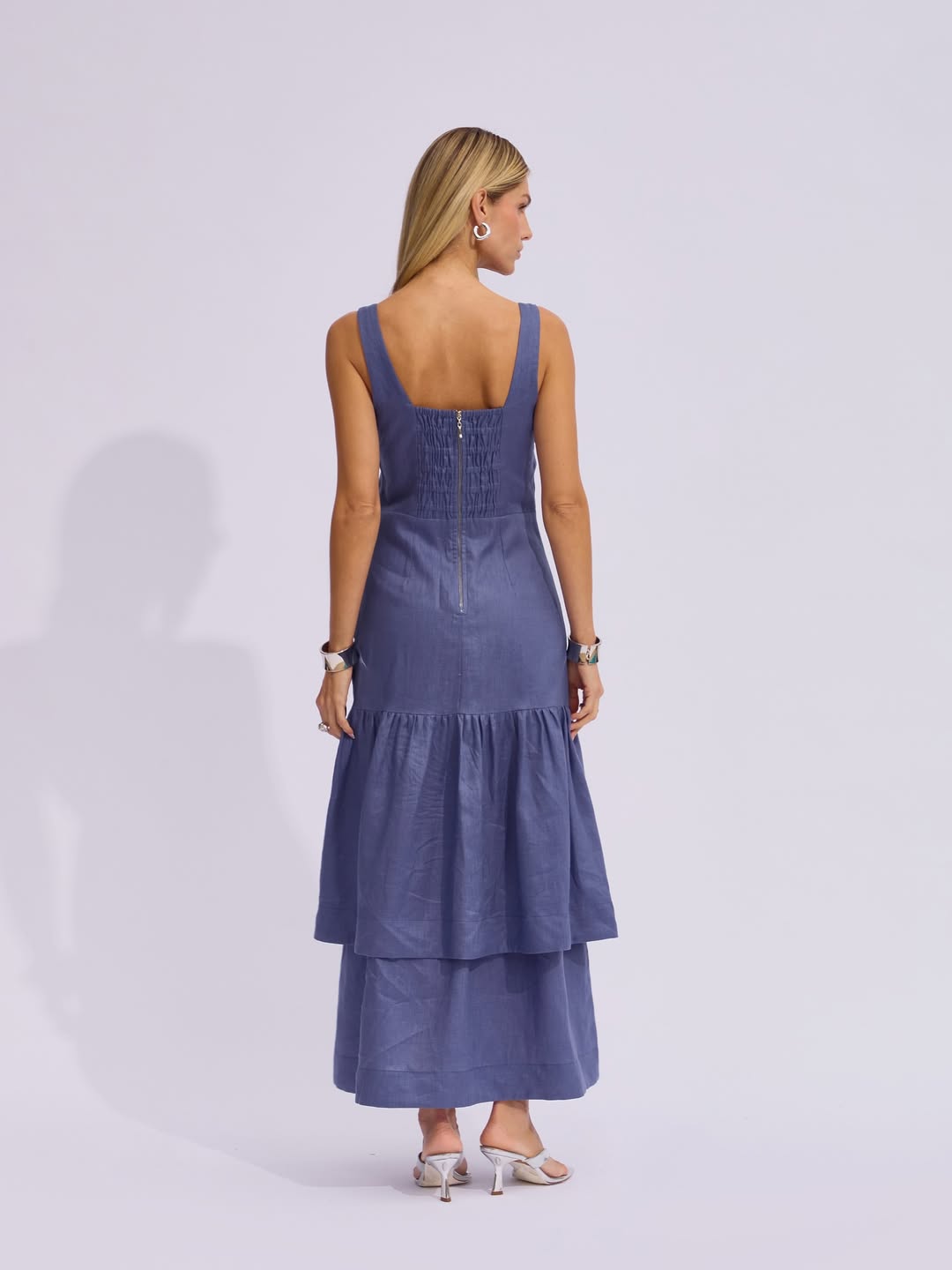 Vestido Raizz Linho Babados Luisa Azul