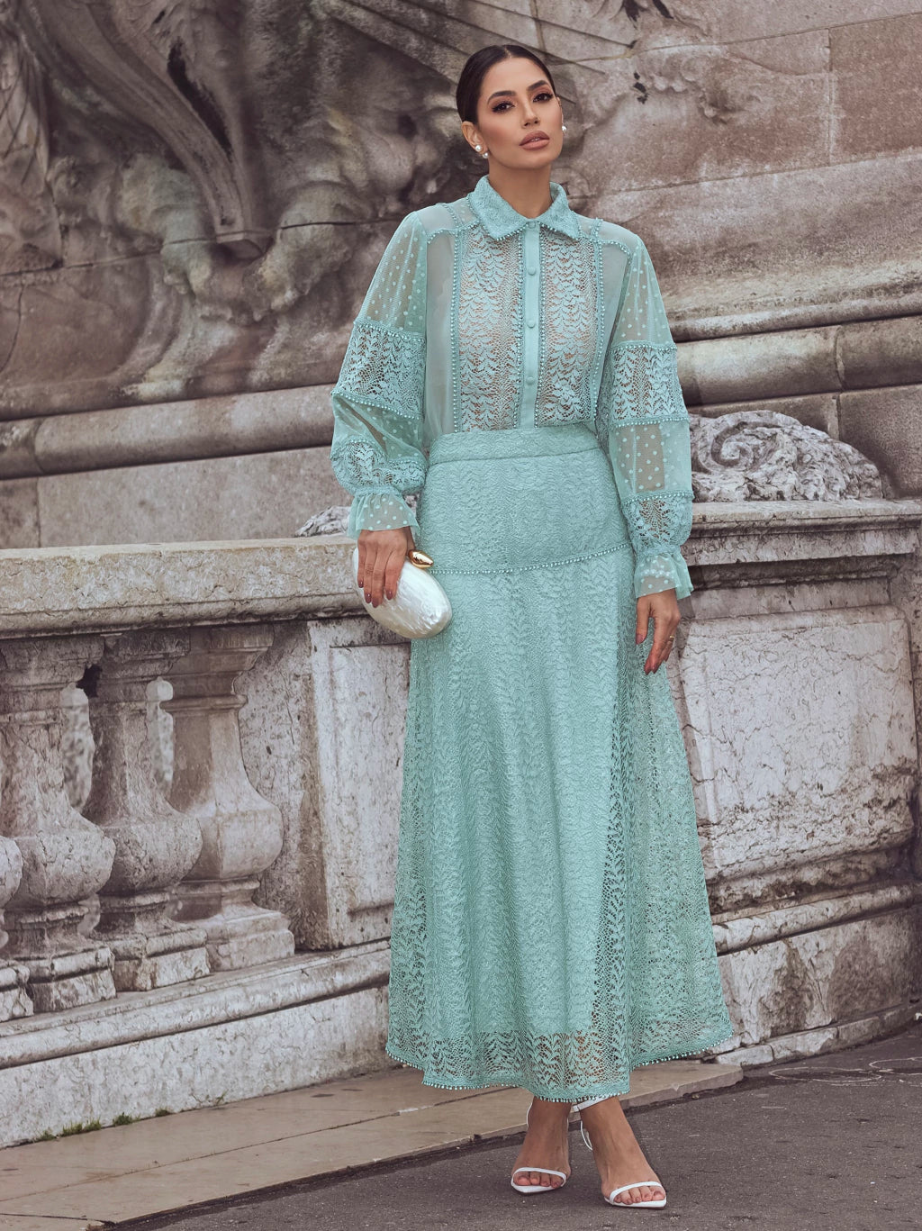 Conjunto luzia fazzolli renda det. Chifon e tule verde