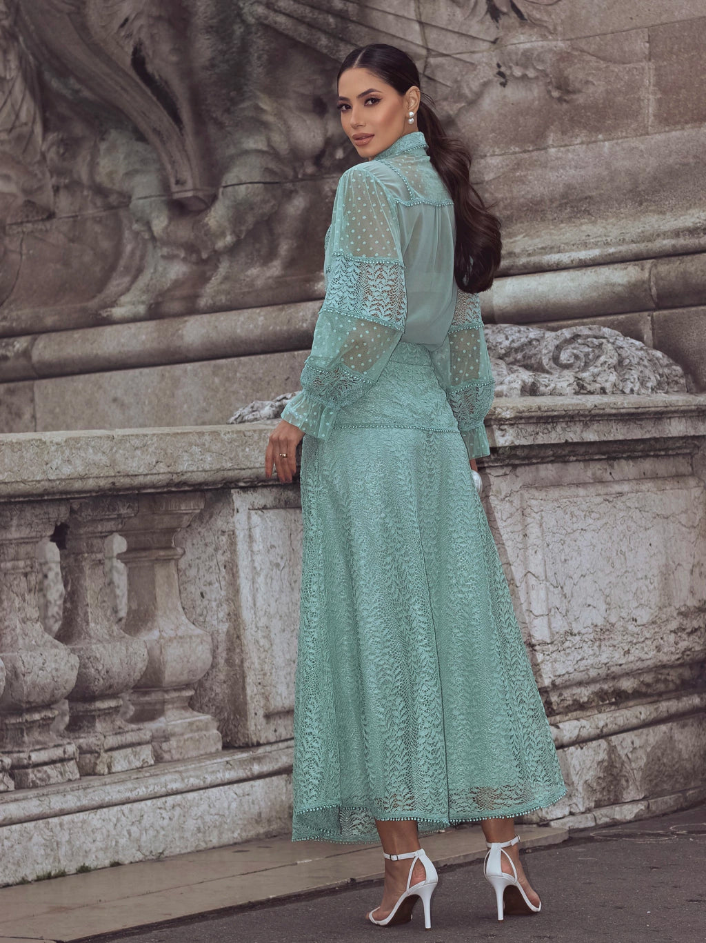 Conjunto luzia fazzolli renda det. Chifon e tule verde