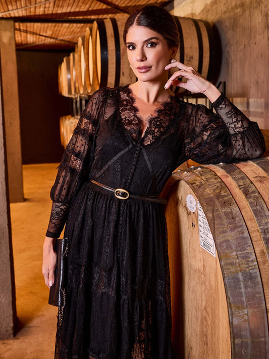 VESTIDO LUZIA FAZZOLLI TULE POA E RENDA PRETO