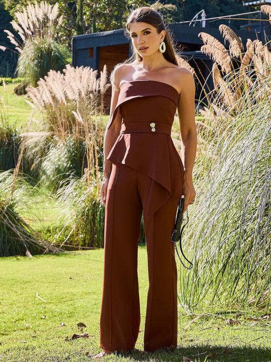CONJUNTO LUZIA FAZZOLLI ALFAIATARIA TOP E CALÇA MARROM