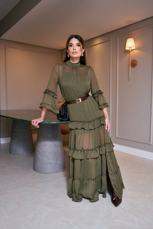 VESTIDO LUZIA FAZZOLLI CHIFF YORIO BABADO VERDE MUSGO