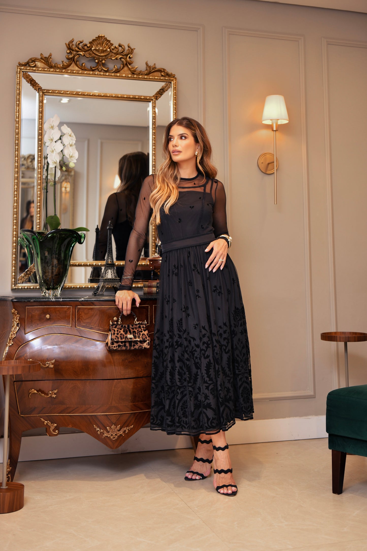 VESTIDO LUZIA FAZZOLLI TULE BORDADO C ENTREMEIO PRETO