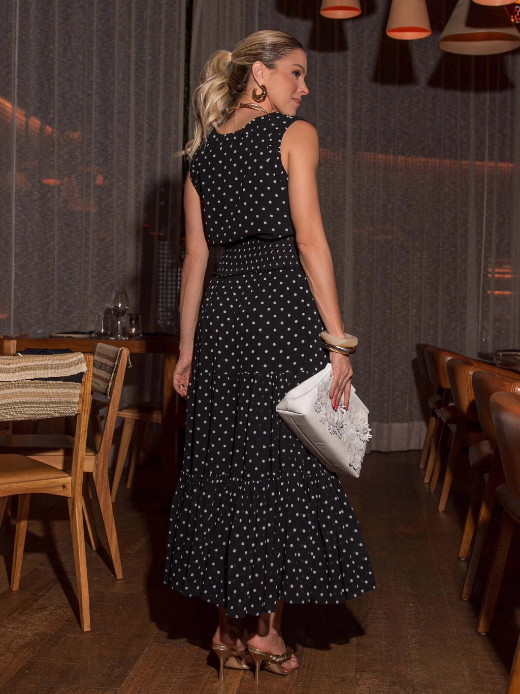 Vestido luzia fazzolli chiffon estampado poa preto