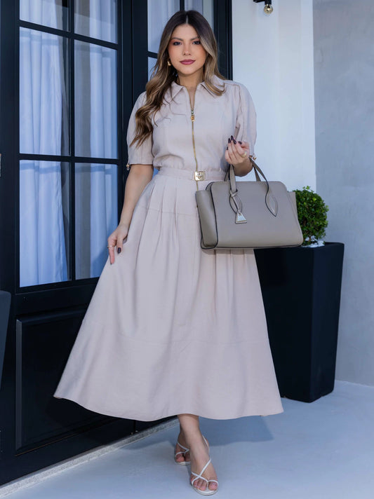 VESTIDO LUZIA FAZZOLLI ALFAIATARIA C CINTO BEGE CLARO