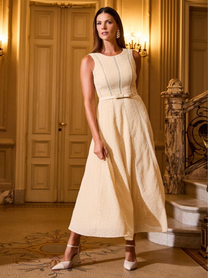 VESTIDO LUZIA FAZZOLLI CHIFFON BORDADO MANTEIGA
