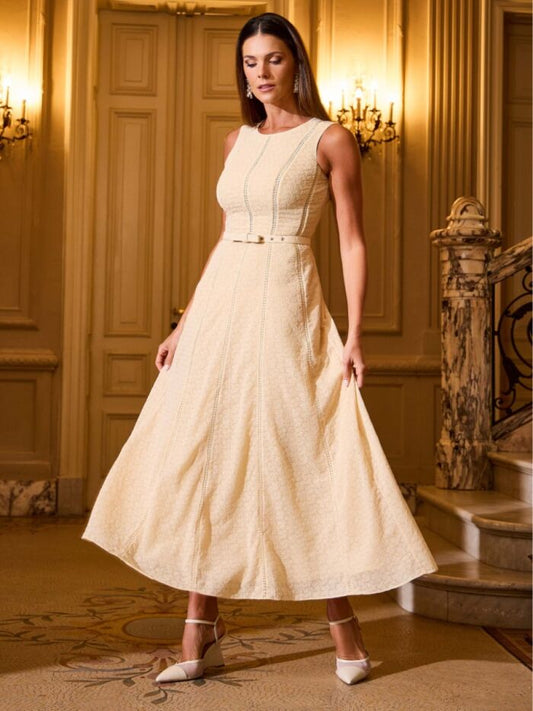 VESTIDO LUZIA FAZZOLLI CHIFFON BORDADO MANTEIGA