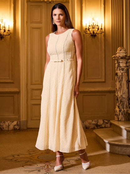 VESTIDO LUZIA FAZZOLLI CHIFFON BORDADO MANTEIGA