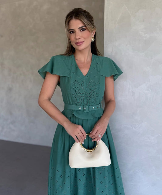 VESTIDO LUZIA FAZZOLLI VERDE BORDADO C/ CINTO