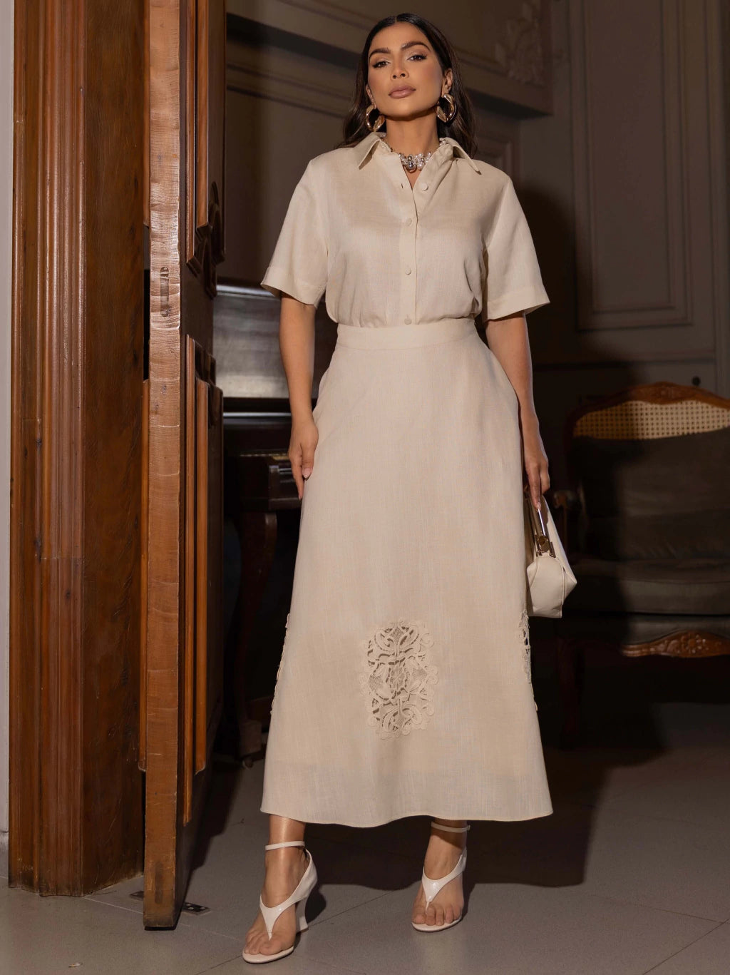 CONJUNTO LUZIA FAZZOLLI APLIQUE VAZADO BEGE CLARO