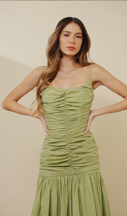 VESTIDO VIBER ALGODÃO DRAPEADO VERDE