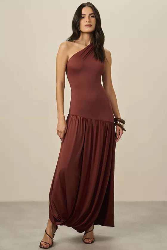 VESTIDO LULEG MARROM MALHA ASSIMETRICO ANA