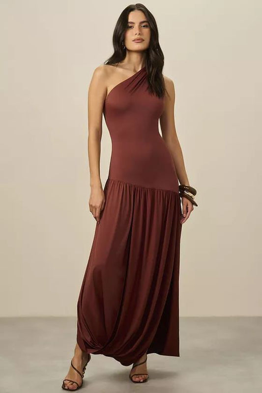 VESTIDO LULEG MARROM MALHA ASSIMETRICO ANA