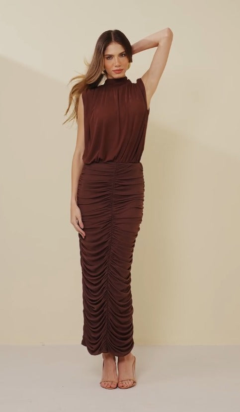 CONJUNTO VIBER TULE DRAPEADO MARROM SUGAR