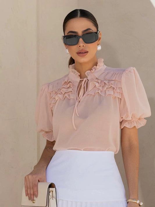 BLUSA LUZIA FAZZOLLI SALMAO CHIFFON DETALHES BABADO