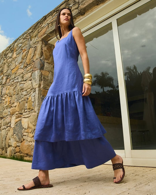 Vestido Raizz Linho Babados Luisa Azul