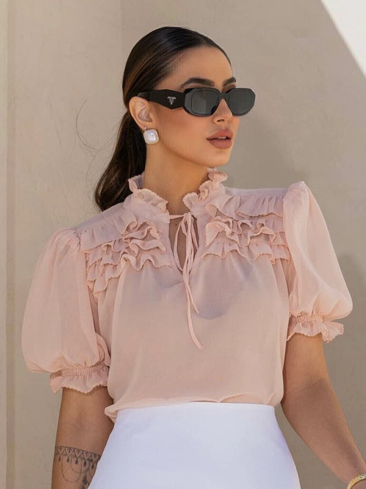 BLUSA LUZIA FAZZOLLI SALMAO CHIFFON DETALHES BABADO