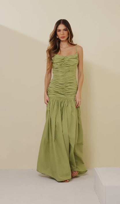 VESTIDO VIBER ALGODÃO DRAPEADO VERDE