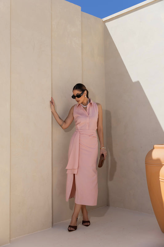 VESTIDO LUZIA FAZZOLLI LINHO COM FENDA ROSA