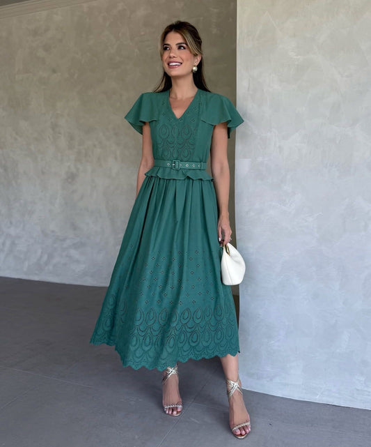 VESTIDO LUZIA FAZZOLLI VERDE BORDADO C/ CINTO