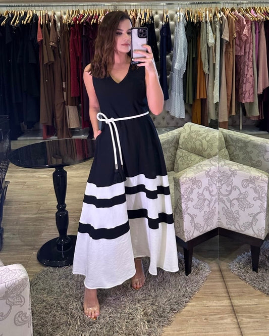 Vestido Le'Rizz Bicolor C/ Saia Godê Em Faixas