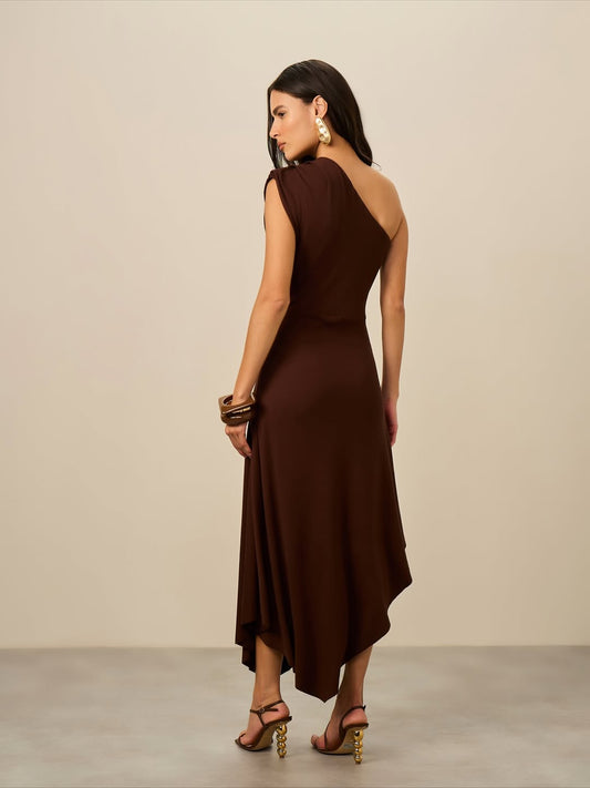 VESTIDO MARROM MALHA ASSIMETRICO