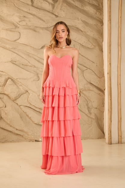 VESTIDO AMICCI LONGO CORSET E BABADOS