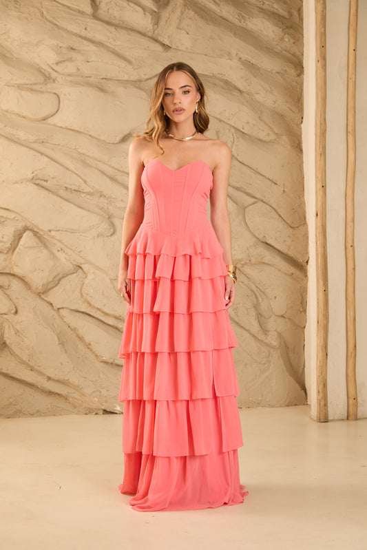 VESTIDO AMICCI LONGO CORSET E BABADOS
