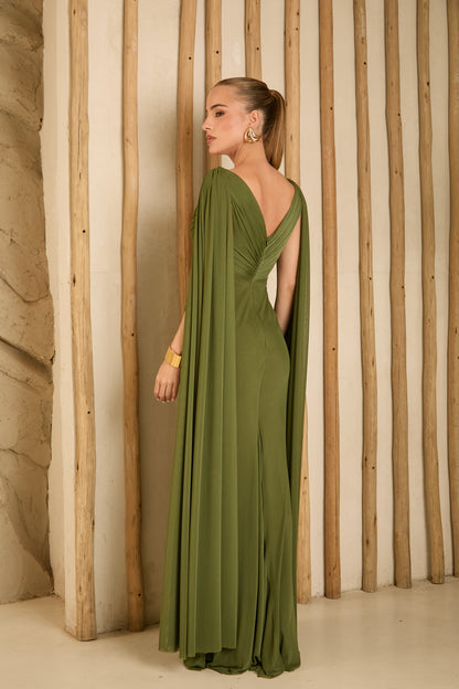VESTIDO AMICCI DECOTE V FRANZIDO VERDE OLIVA