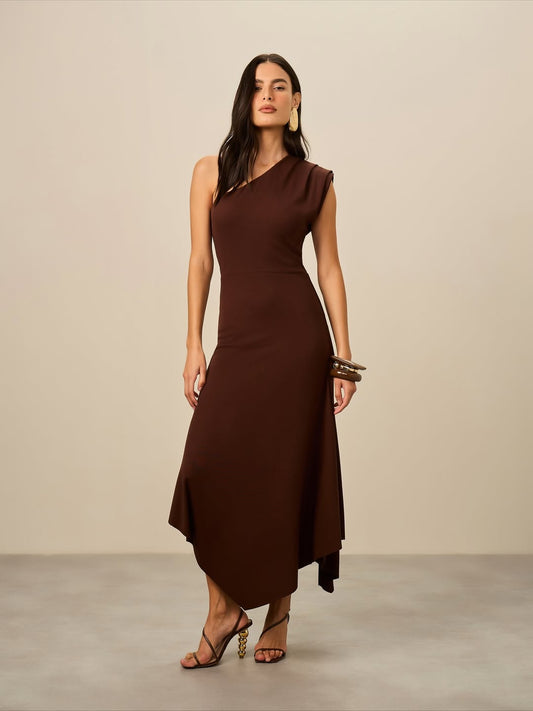 VESTIDO MARROM MALHA ASSIMETRICO