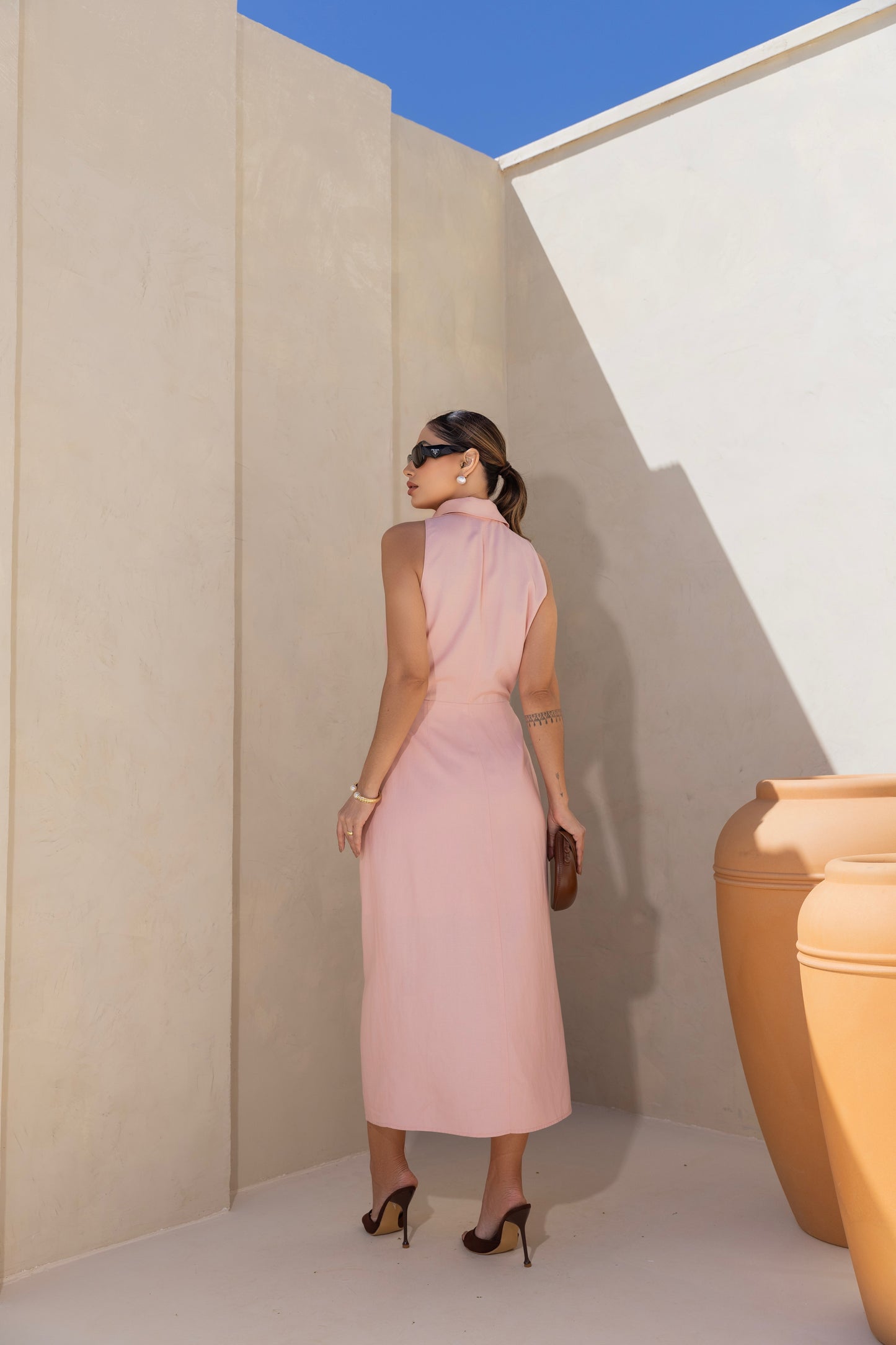 VESTIDO LUZIA FAZZOLLI LINHO COM FENDA ROSA