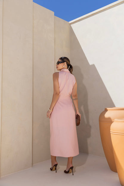 VESTIDO LUZIA FAZZOLLI LINHO COM FENDA ROSA
