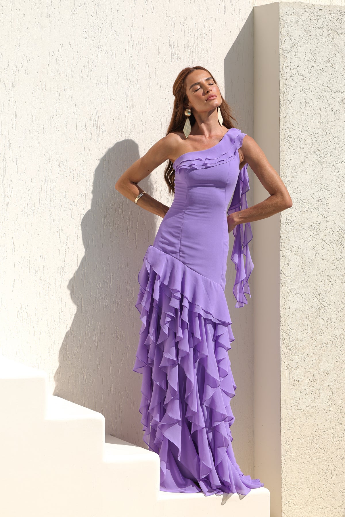 VESTIDO AMICCI CHIFFON BABADOS LILAS