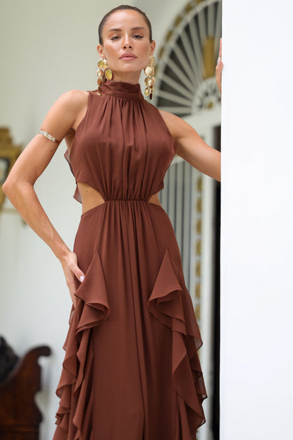 VESTIDO AMICCI GOLA ALTA COSTA DECOTE MARROM