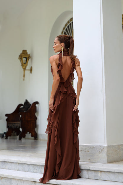 VESTIDO AMICCI GOLA ALTA COSTA DECOTE MARROM