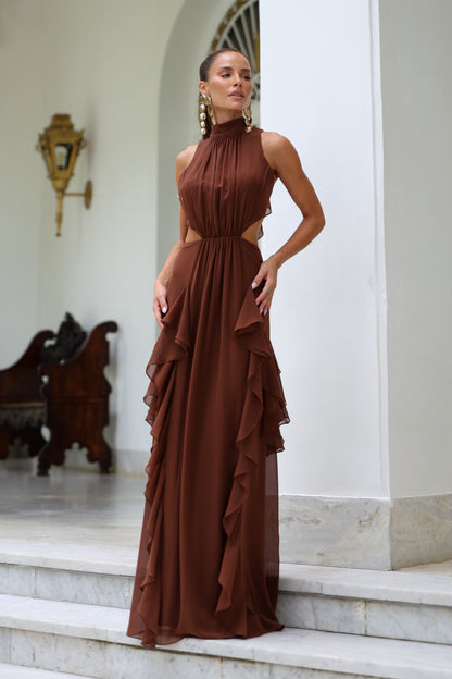 VESTIDO AMICCI GOLA ALTA COSTA DECOTE MARROM