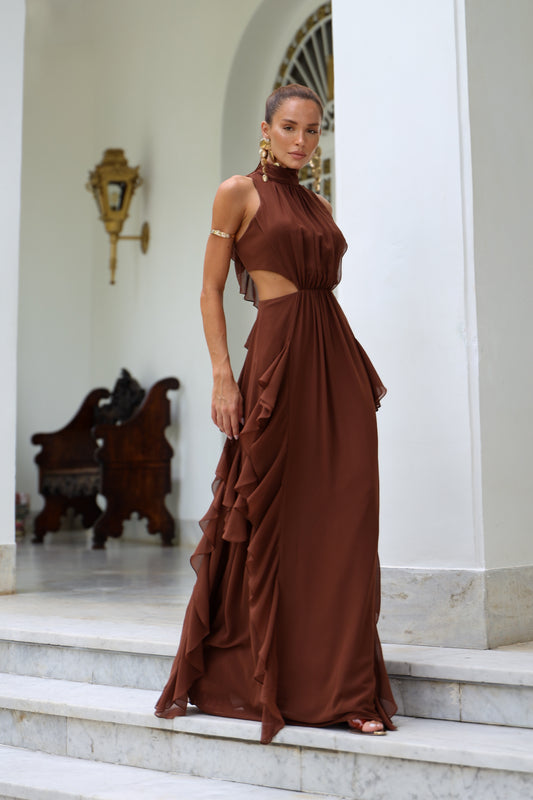 VESTIDO AMICCI GOLA ALTA COSTA DECOTE MARROM