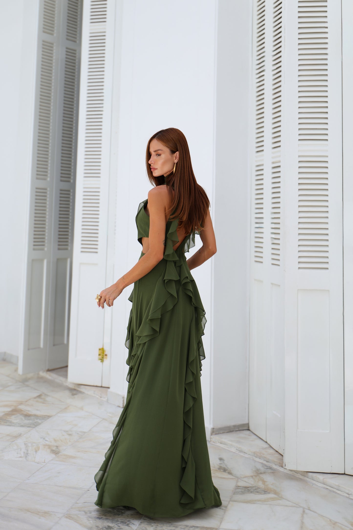 VESTIDO AMICCI GOLA ALTA COSTA DEC. V OLIVA