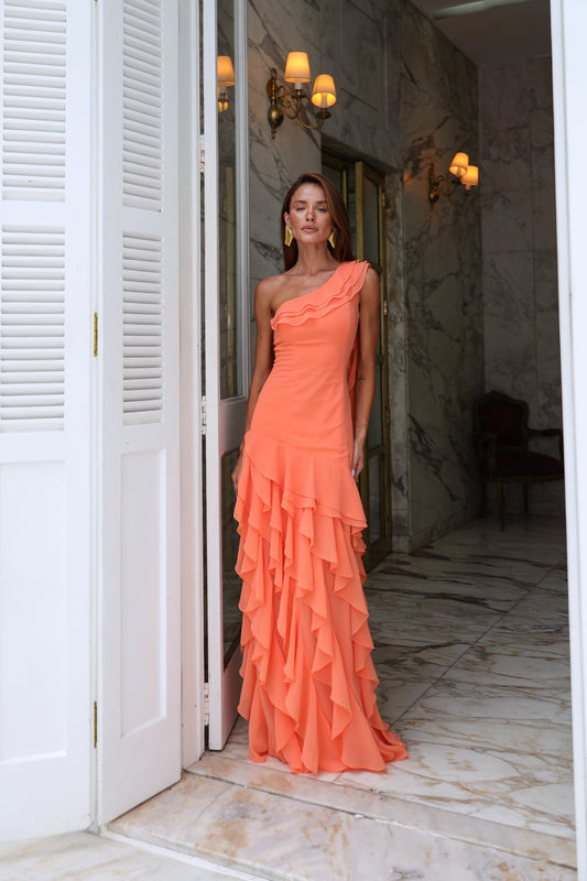 VESTIDO AMICCI UM OMBRO SÓ CAMADAS CORAL