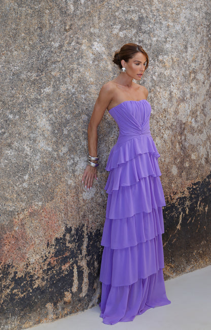 VESTIDO AMICCI LONGO DE CHIFFON E BABADOS